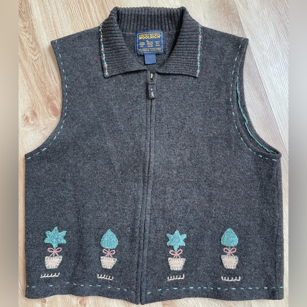 Vintage Woolrich Lambs Wool Vest HOMESTEAD Brown Topiary Plant Cottagecore XL - Picture 1 of 8
